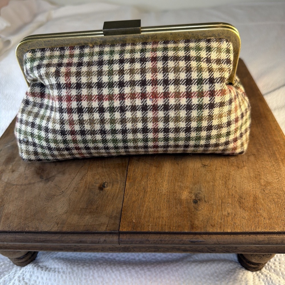 J.Crew Women's Wool Plaid KISS Lock Frame Clutch Purse NWOT